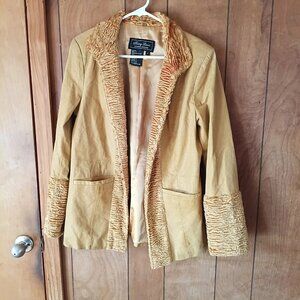 Terry Lewis Genuine Leather Jacket Sz S Mustard Yellow Textured Trim Blazer Coat